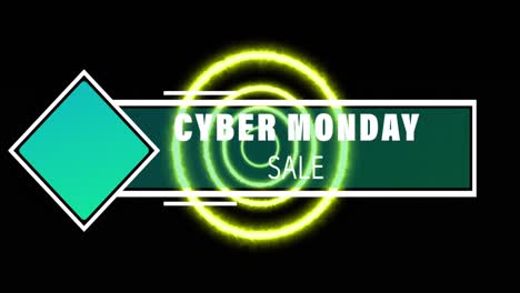 animación de cyber monday y texto de venta con cuadrado azul en el estandarte sobre círculos iluminados