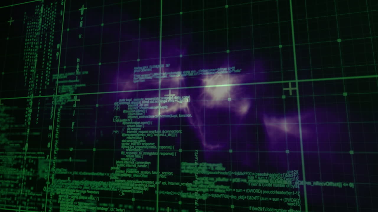 Animation of data processing over grid and purple squares