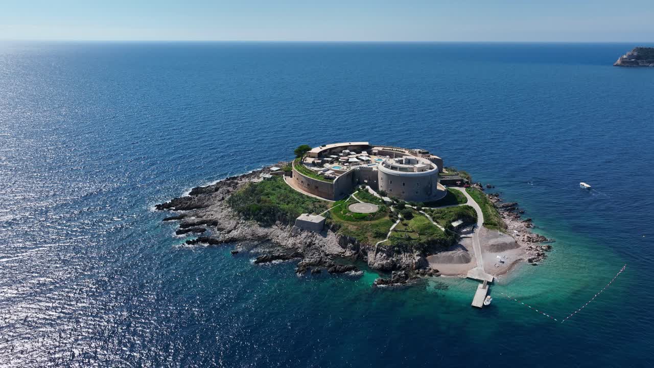 Fort on Adriatic Sea Island Mamula in Montenegro, wide aerial parallax