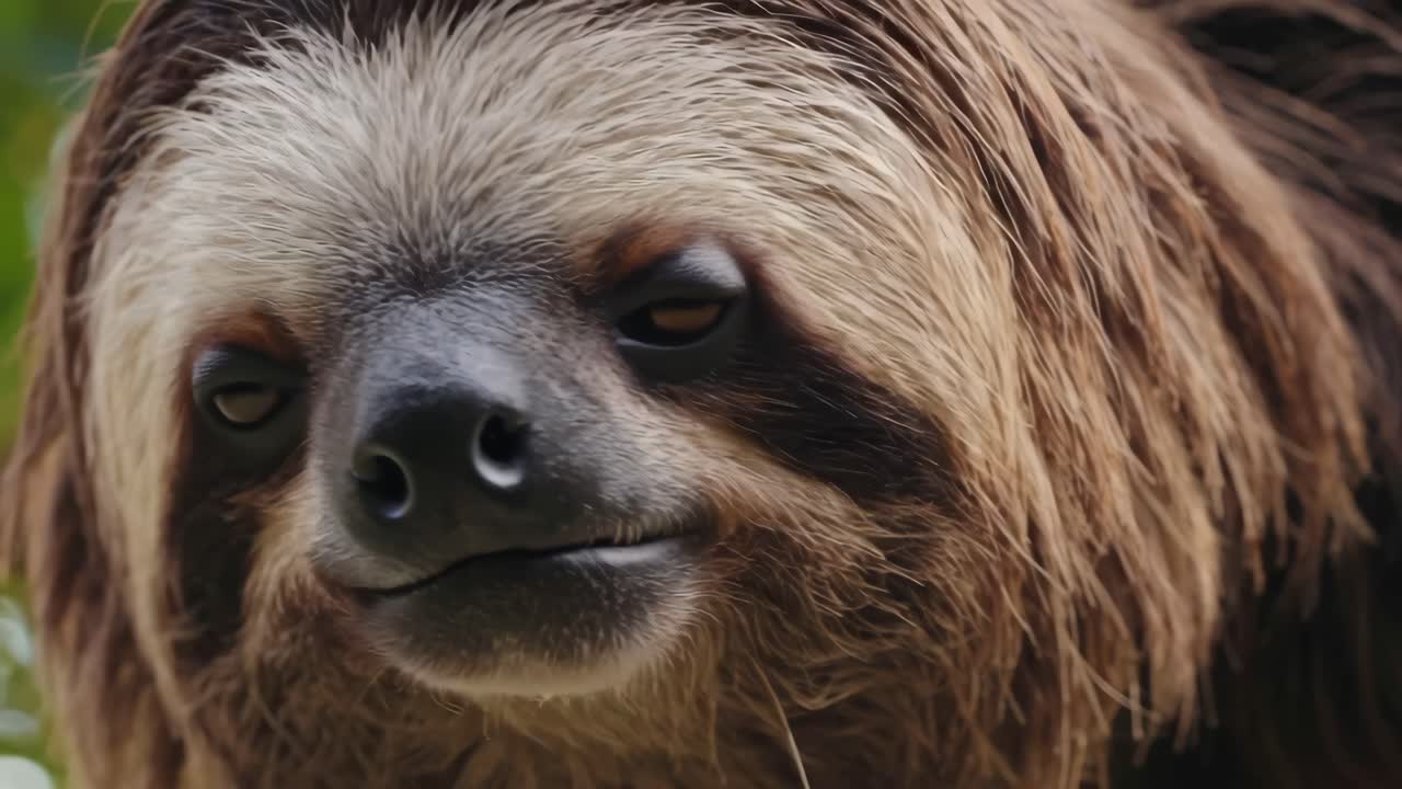 Close-up video of a sloth's face, showcasing its serene expression