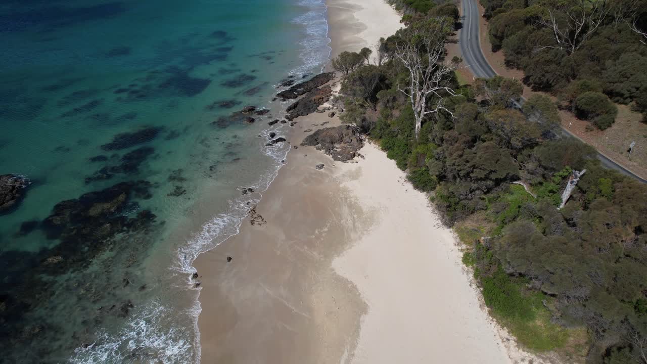 White Sandy Beach, Mayfield Beach In Tasmania, Australia - Drone Shot