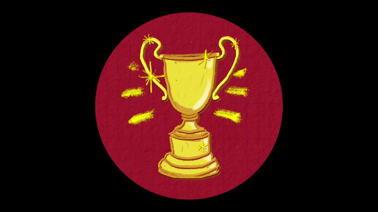 Coppa trofeo dorata animata scintillante su sfondo rosso
