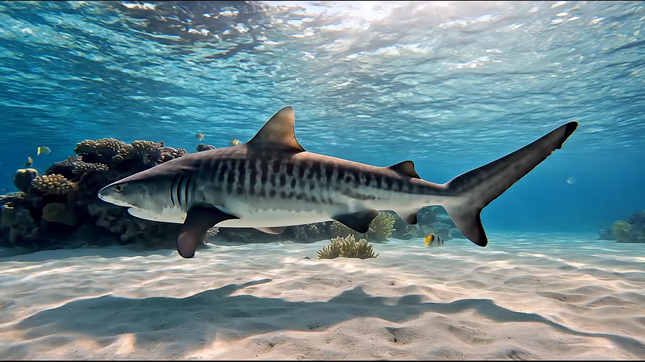 Tiger Shark Swimming Over a Sandy Seabed Near a Coral Reef