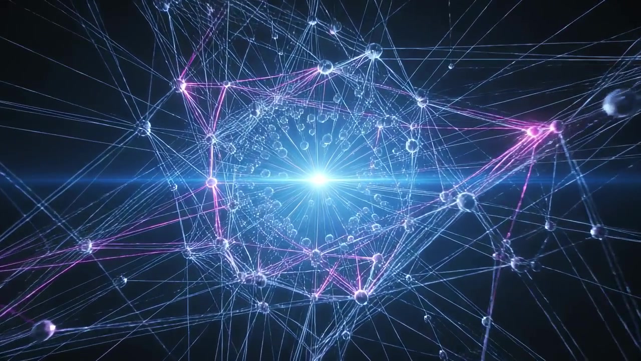 Brightening central core forming spherical node filament lattice in dark void, showing blue flare