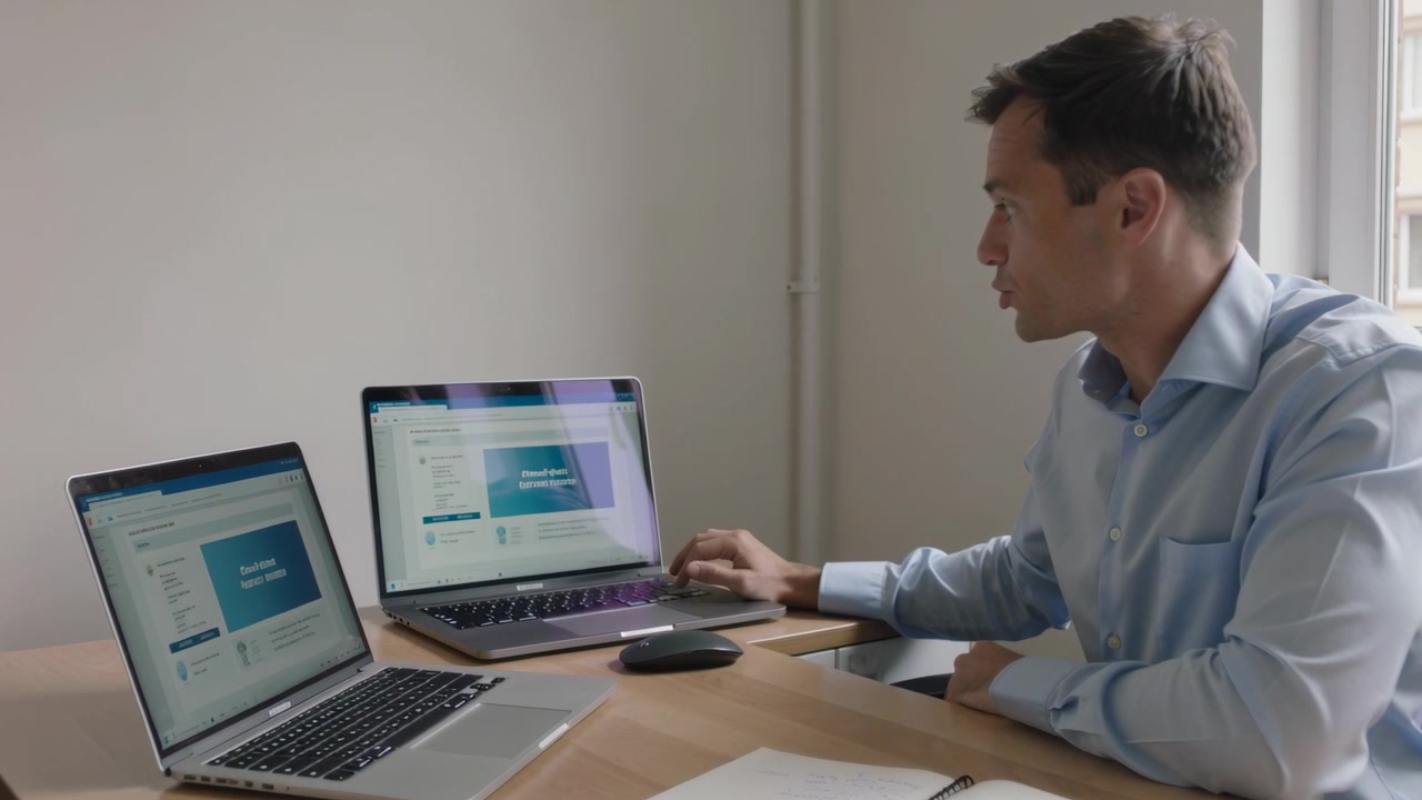 Glancing at two laptops, blue shirt man reaching mouse reviewing slides at office desk, copy space