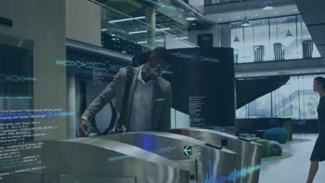 animation of data processing over african american businessman in office