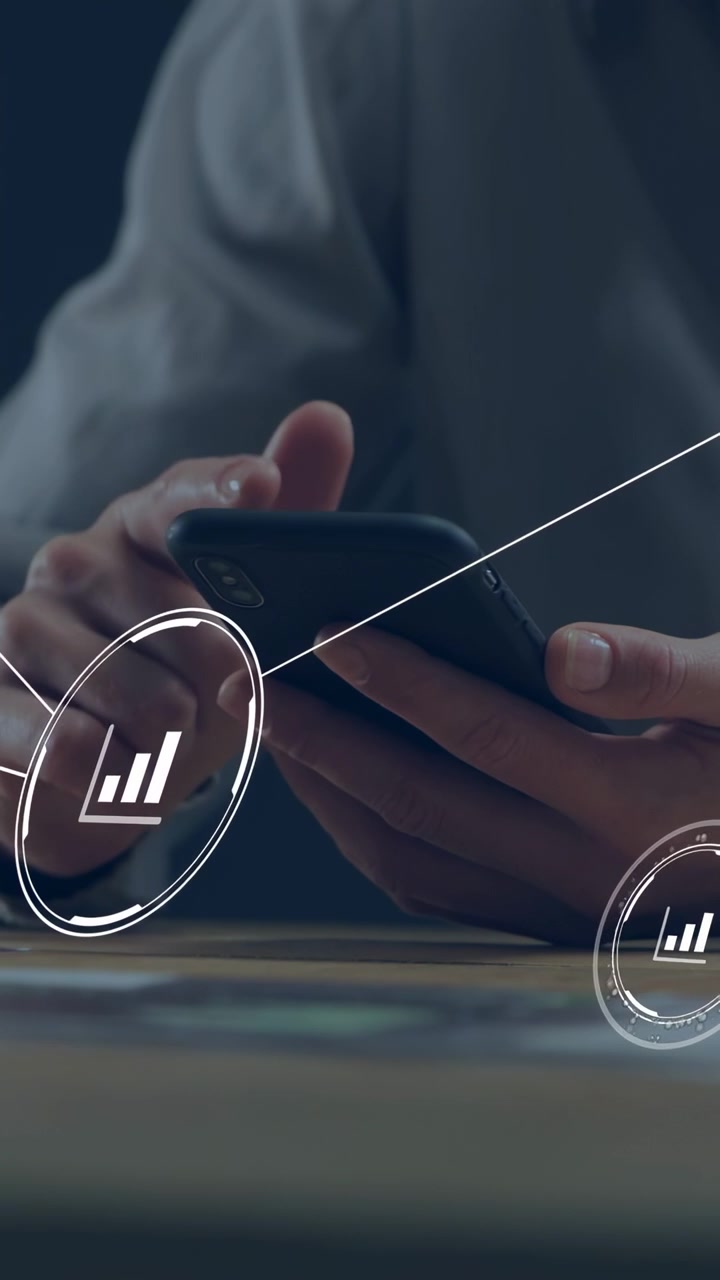 Vertical video: Male hands tapping phone on desk, emitting lines forming linked nodes for analytics