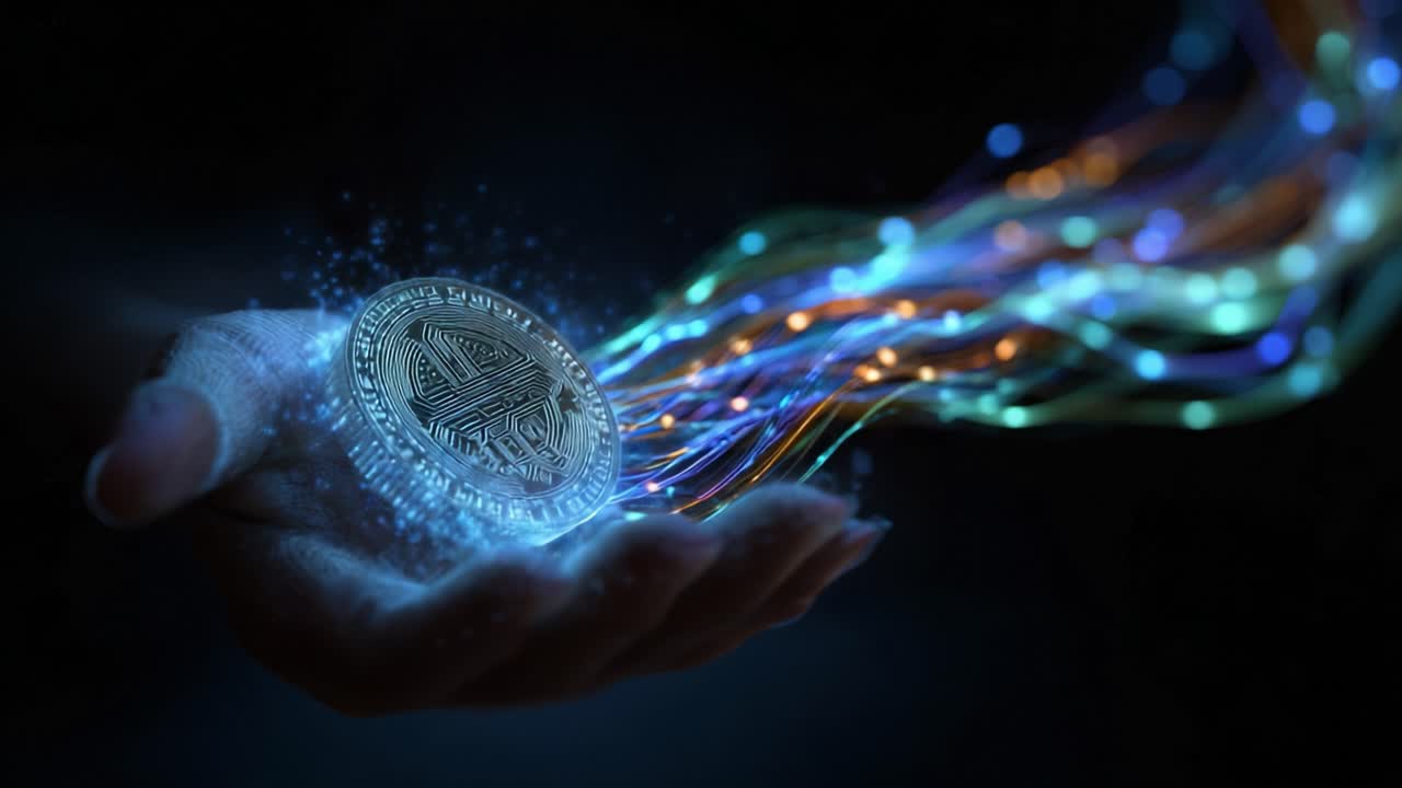 Moneta di criptovaluta luminosa adagiata sul palmo di una persona, che emette fasci di luce. Rappresenta la tecnologia della finanza digitale. Transazioni blockchain. Economia decentralizzata. E innovazione futuristica.