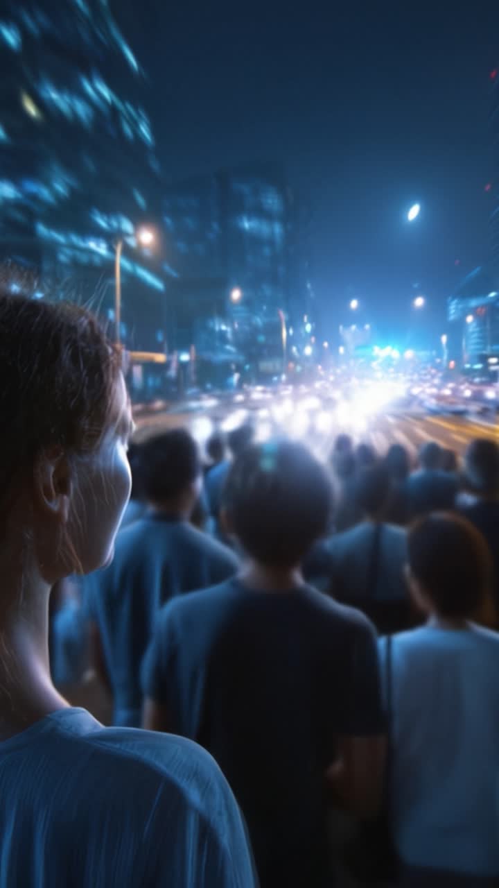 Una giovane donna osserva una città vivace di notte, circondata da una folla indistinta mentre fari luminosi illuminano la strada, creando una scena urbana suggestiva.