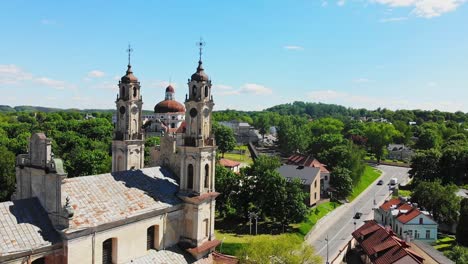 aerial cinematic view abandoned church of ascension in capital city vilnius, lithuania. historical landmark attraction destination. unesco heritage sites lithuania.