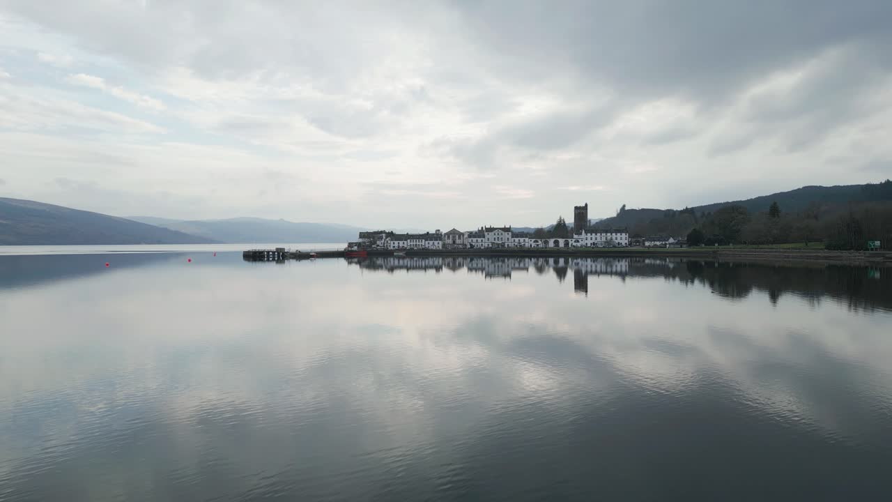 Inveraray Town Reflected in Loch, Low Aerial Track