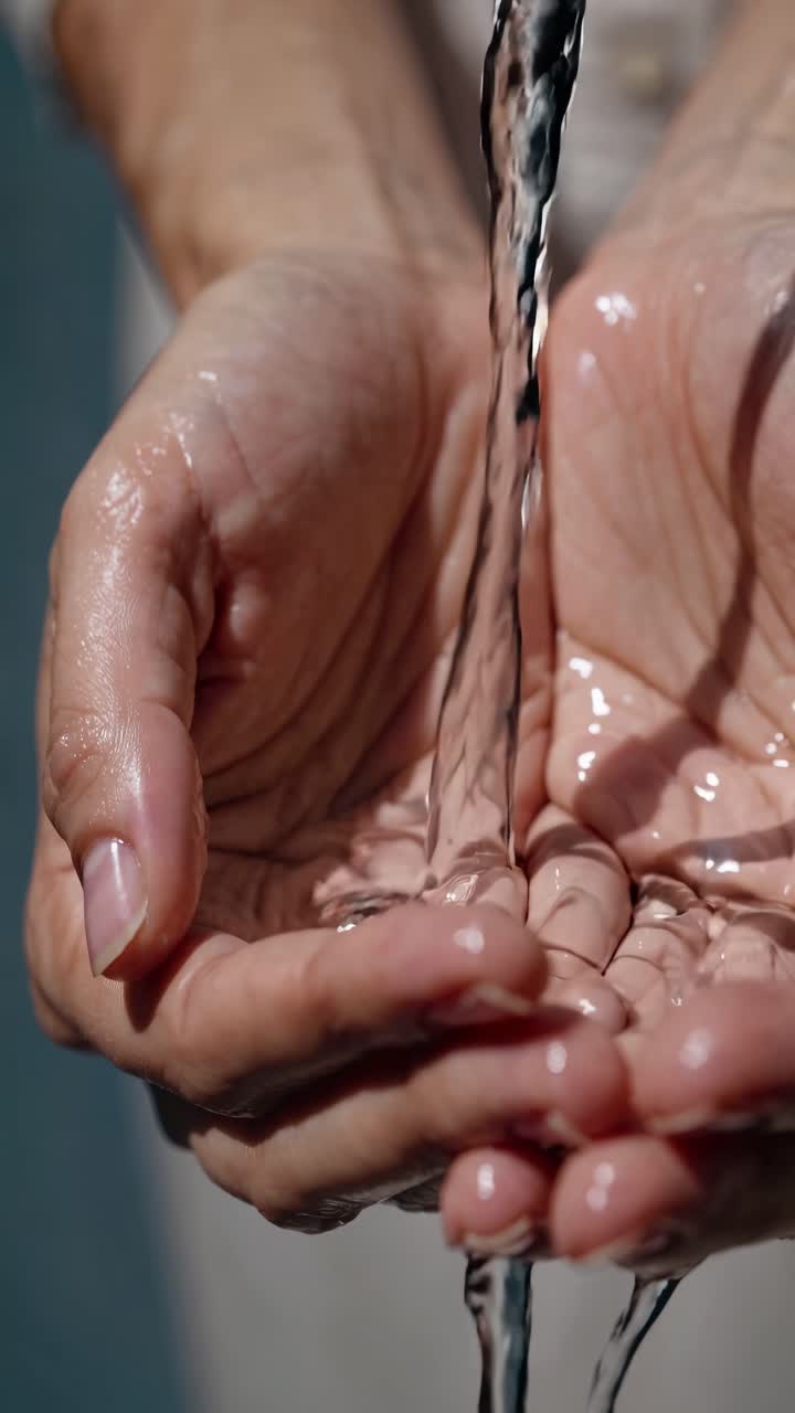 Close-up video of hands cupping flowing water, captured from a low angle