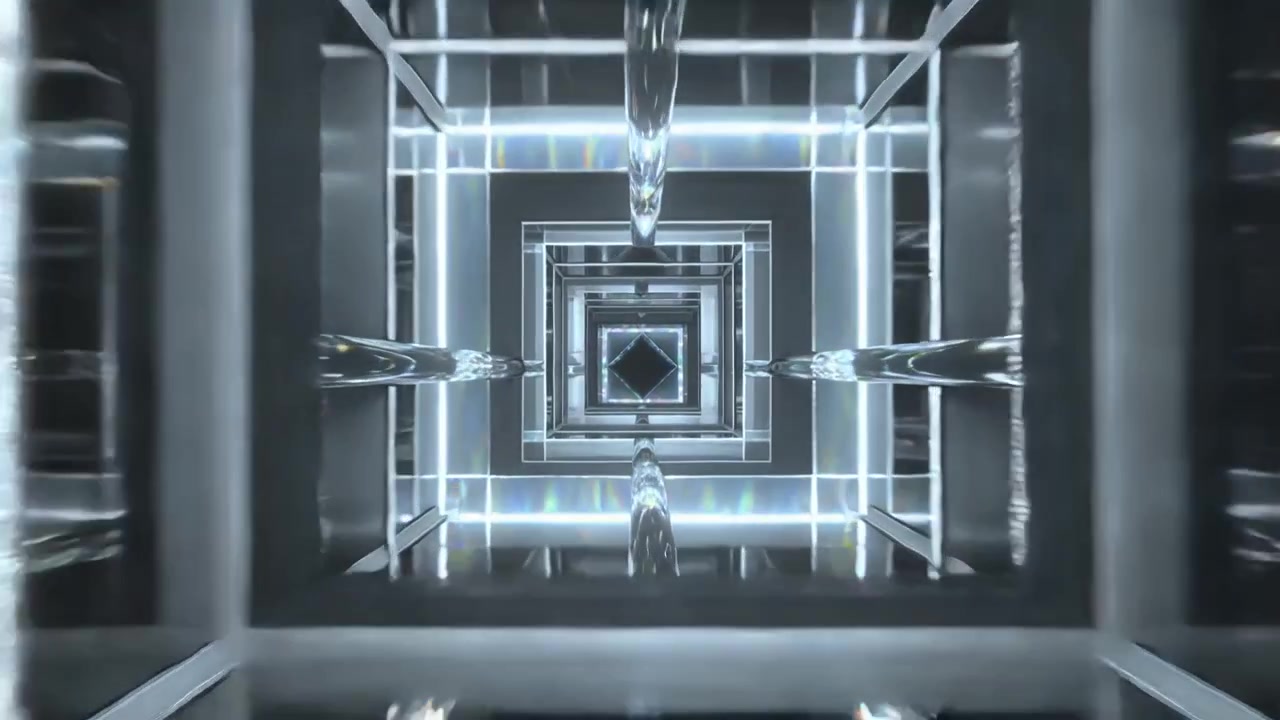 Cam moving, square frames and liquid jet advancing through glass tunnel, revealing diamond center