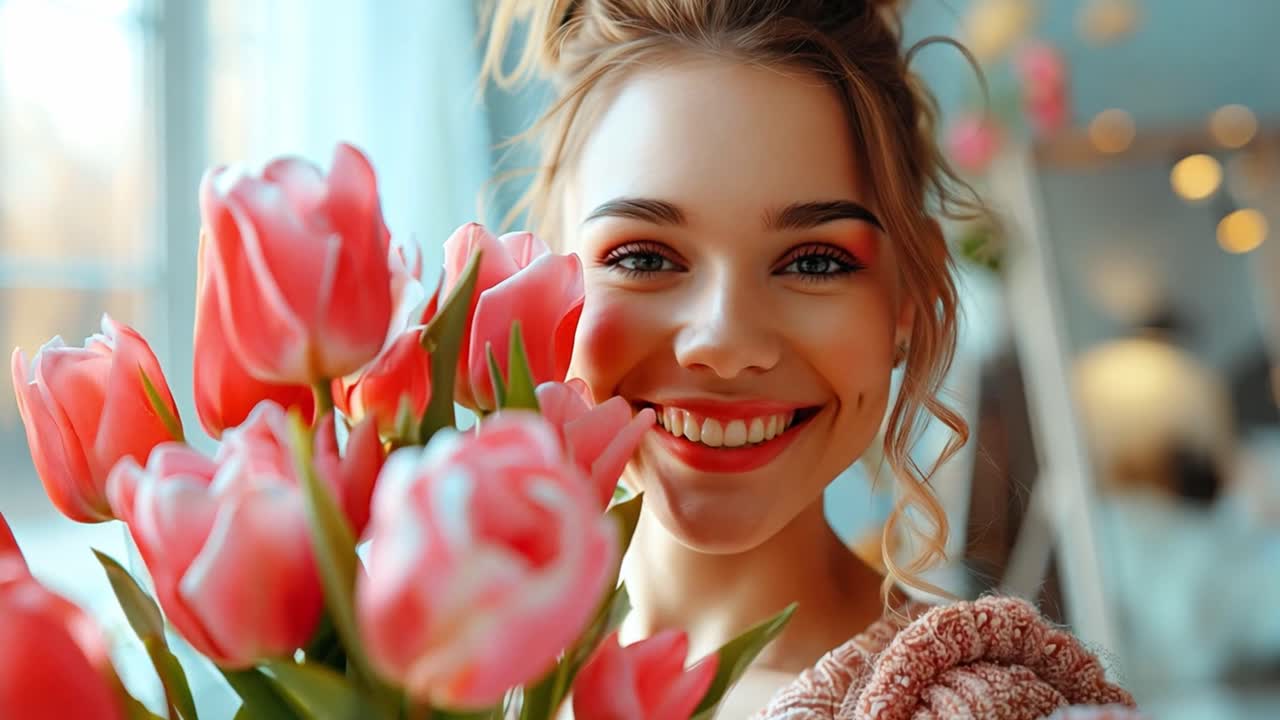 Smiling Woman Holding a Bouquet of Pink Tulips