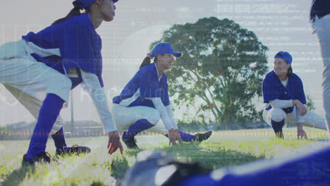 Animation-of-data-processing-over-diverse-female-baseball-players