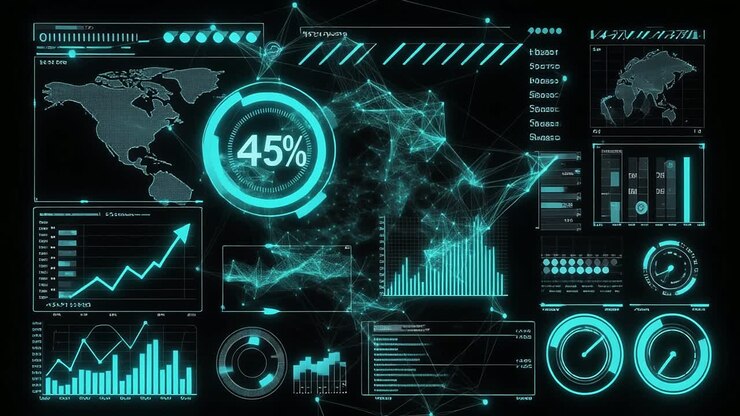 Futuristic Digital Interface with Data Visualization and Network Connections