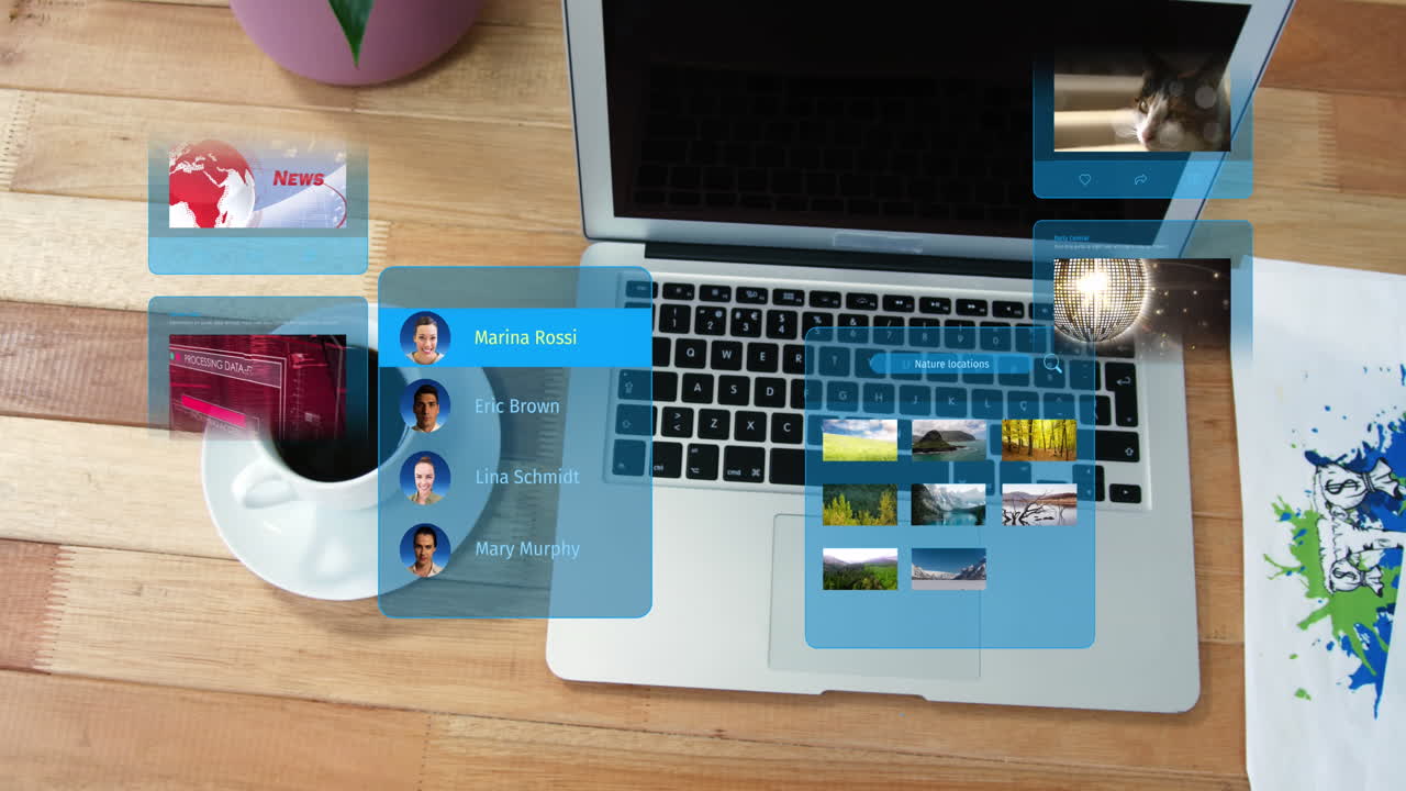animación de publicaciones en redes sociales y perfiles de personas en una computadora portátil y una taza de café en el escritorio