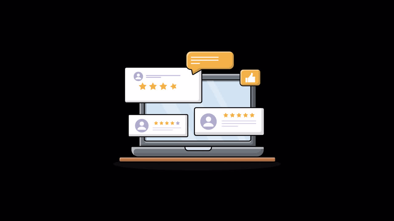 Animated Laptop Displaying Customer Reviews and Star Ratings