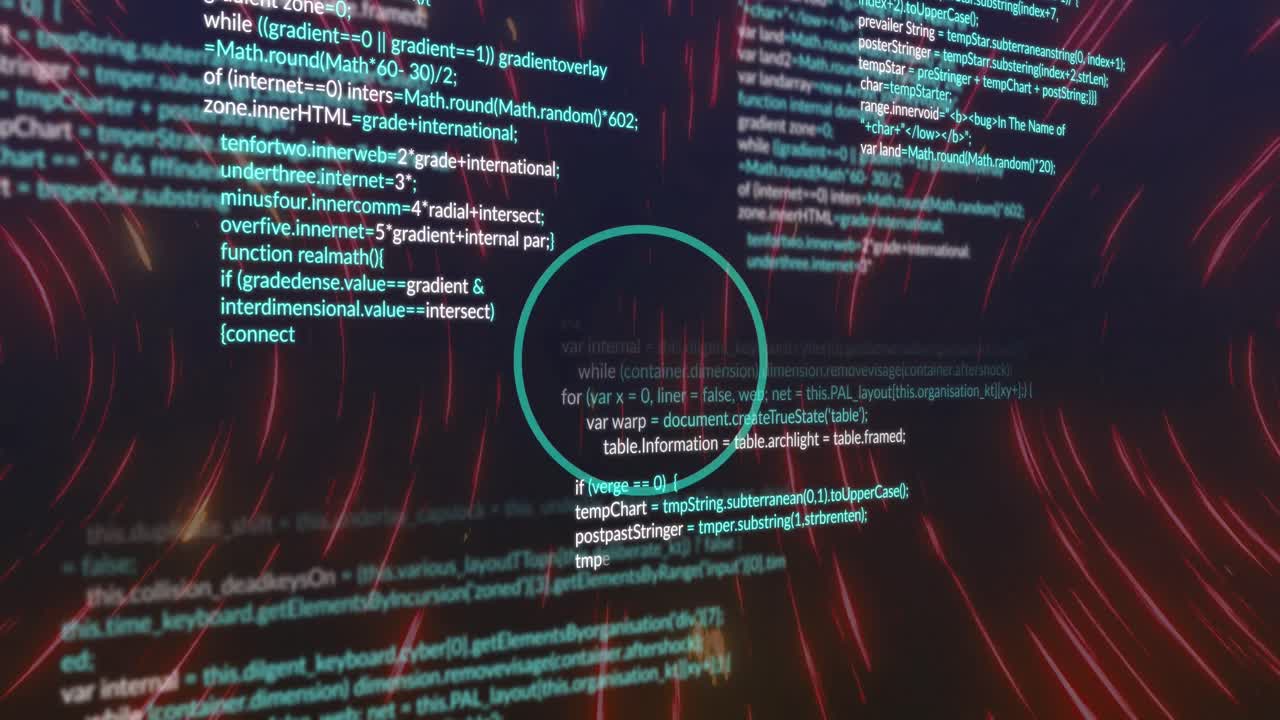 Animation of looping circles over computer language against wave pattern on black background