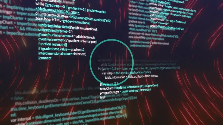 Animation of looping circles over computer language against wave pattern on black background