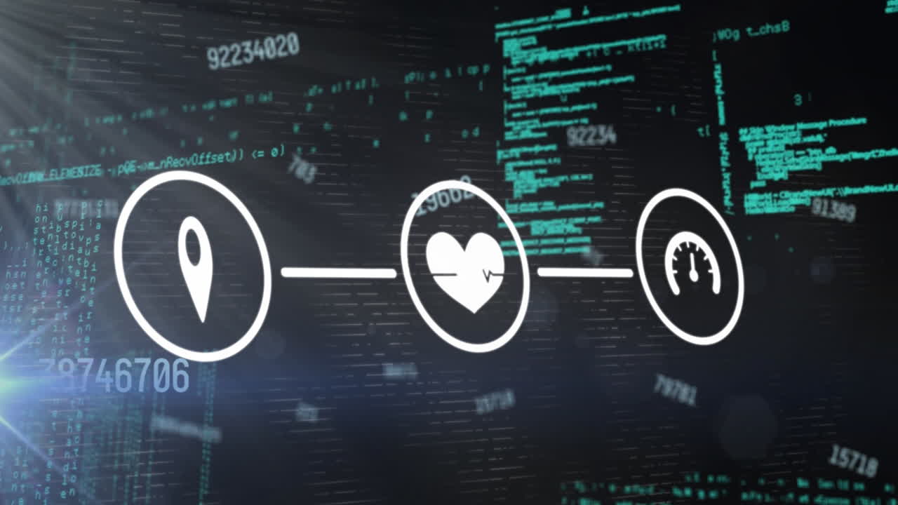 검은색 배경에 데이터 처리를 통해 미디어 아이콘의 애니메이션