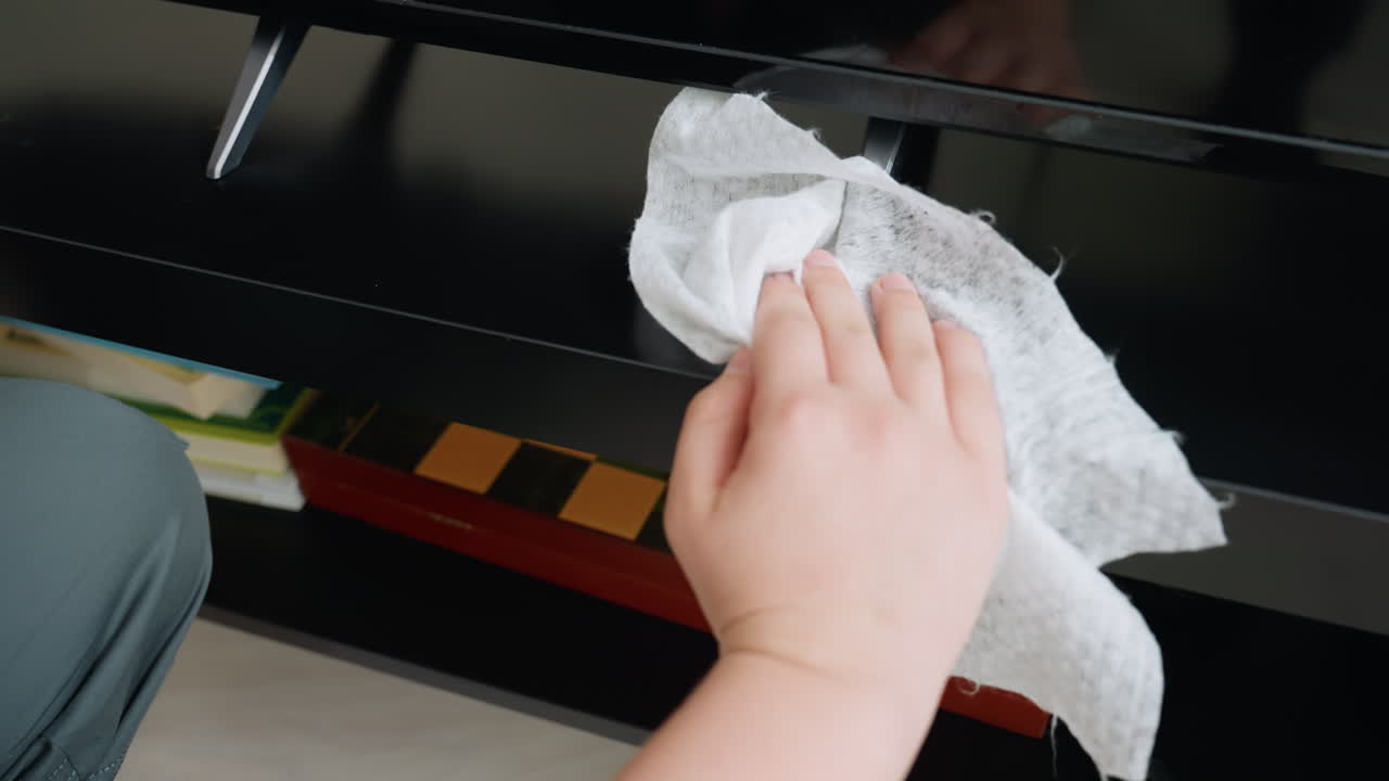 Close up hand of teen wiping black television stand with cloth, focusing on hygiene, cleanliness, and responsibility while maintaining tidy organized household environment