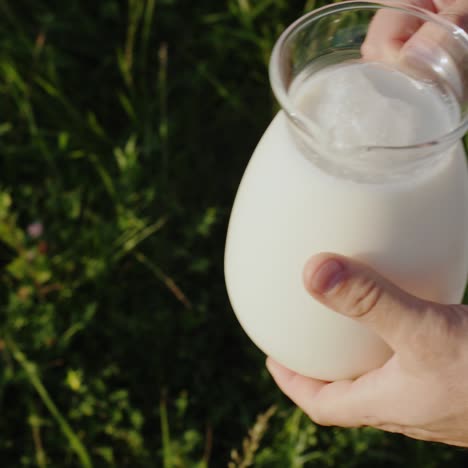 un hombre sostiene una jarra de leche en un prado verde 2