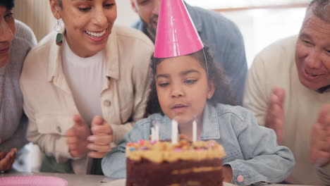 family, kid and blowing on candle with cake