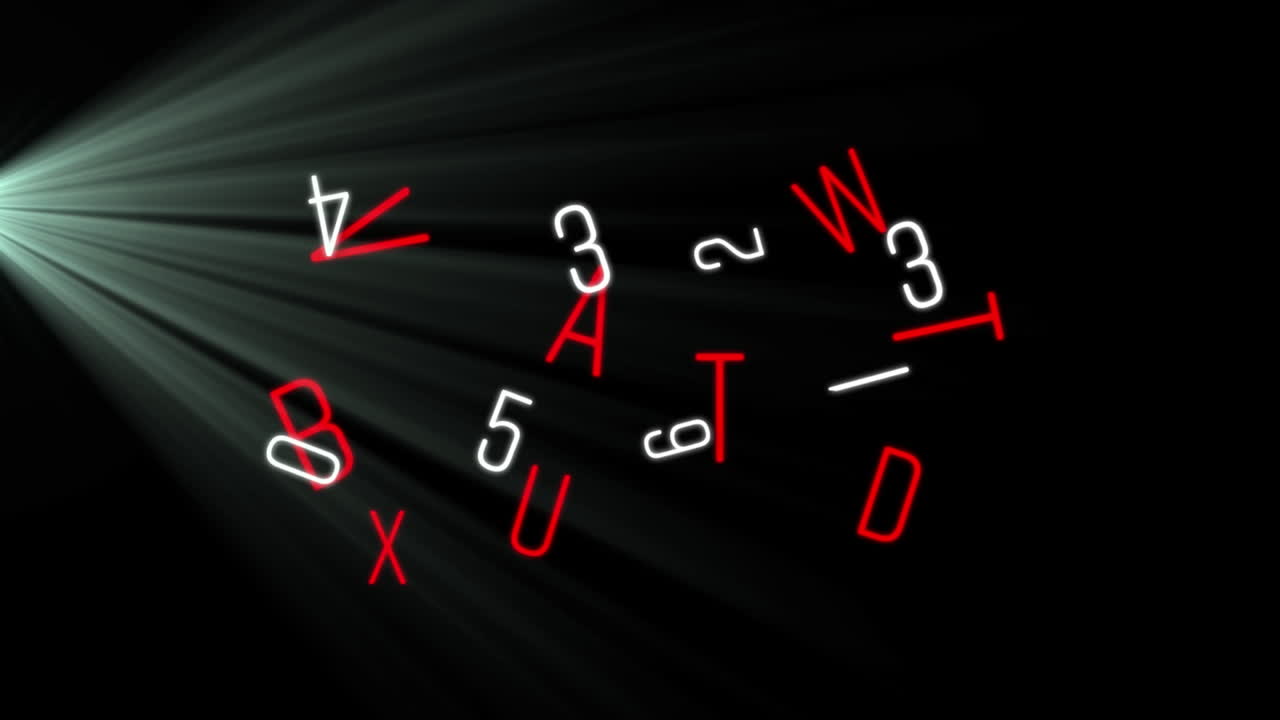 검은색 배경에 빛  ⁇ 으로 변화하는  ⁇ 색 숫자와 빨간색 글자의 애니메이션