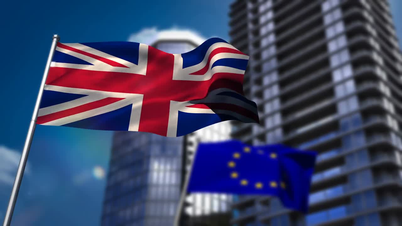 Union flag and European flag waving against cityscape
