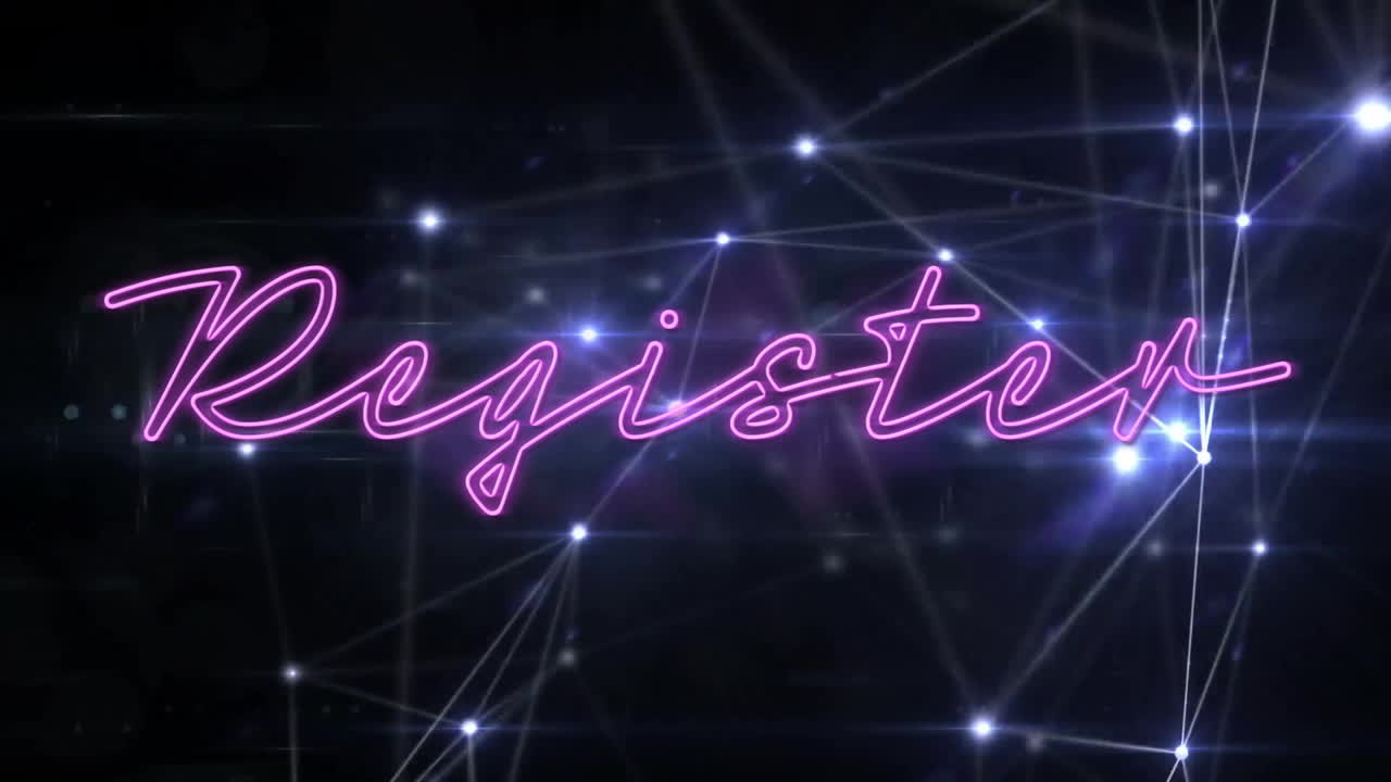Glowing neon animation of Register text over network of interconnected lines