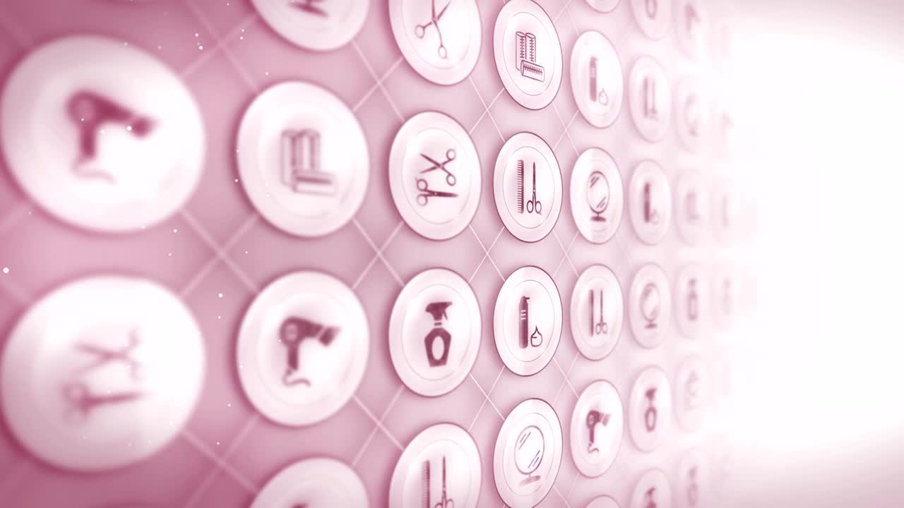 conjunto de iconos de peluquería, fondo de artículos de pelucería, animación de bucle cg,