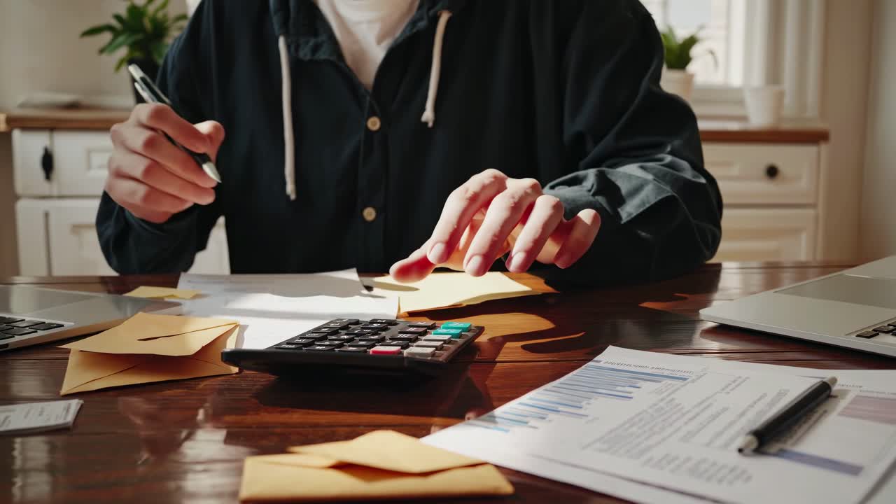 A close-up, angled shot of a person calculating finances at a desk, surrounded by documents