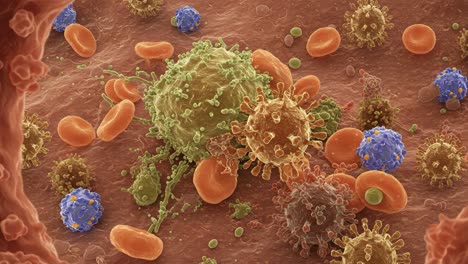 intricate interactions of immune cells and pathogens at the microscopic level: a detailed observation of cellular activities and their surroundings in the human body