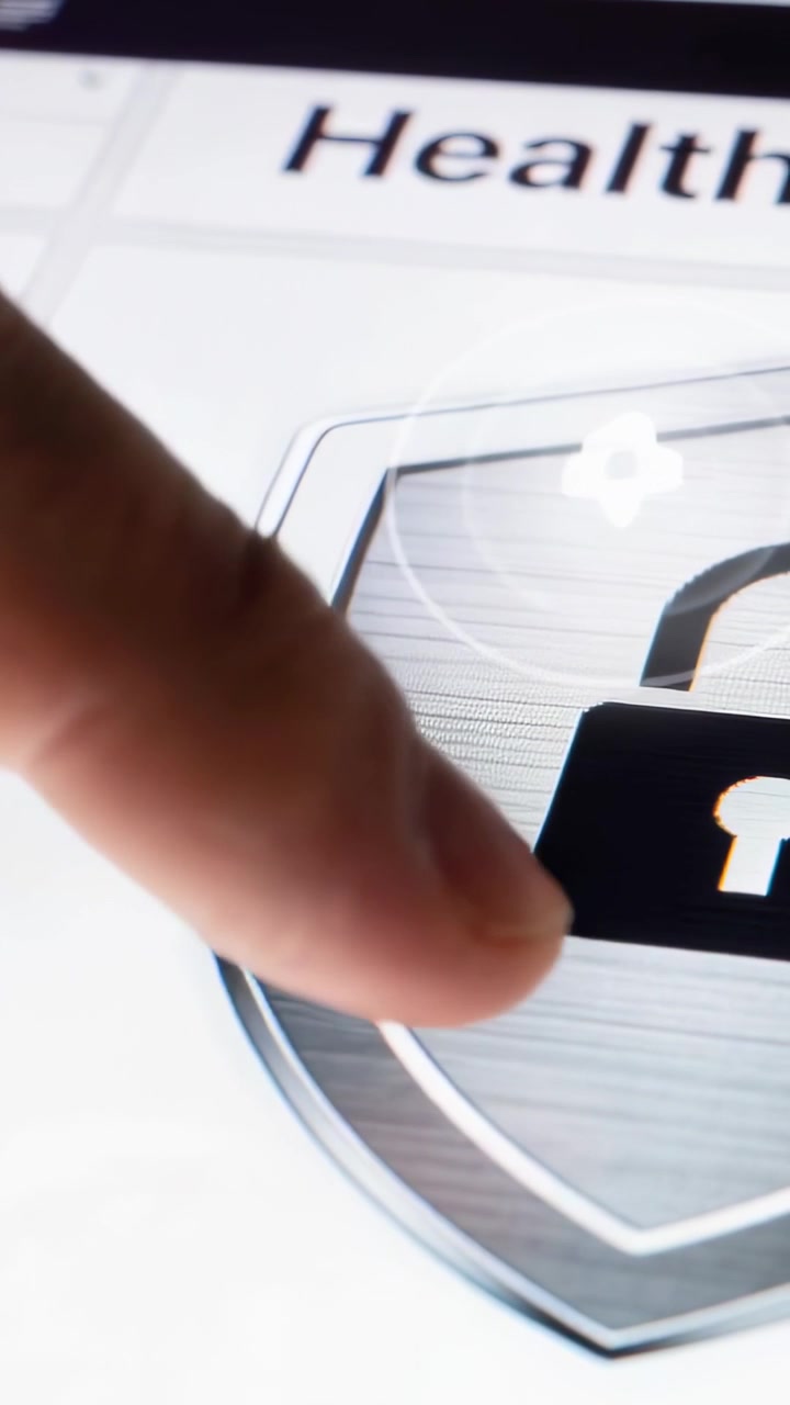 Vertical video: Entering fingertip pressing shield padlock on health header, seeking to unlock data