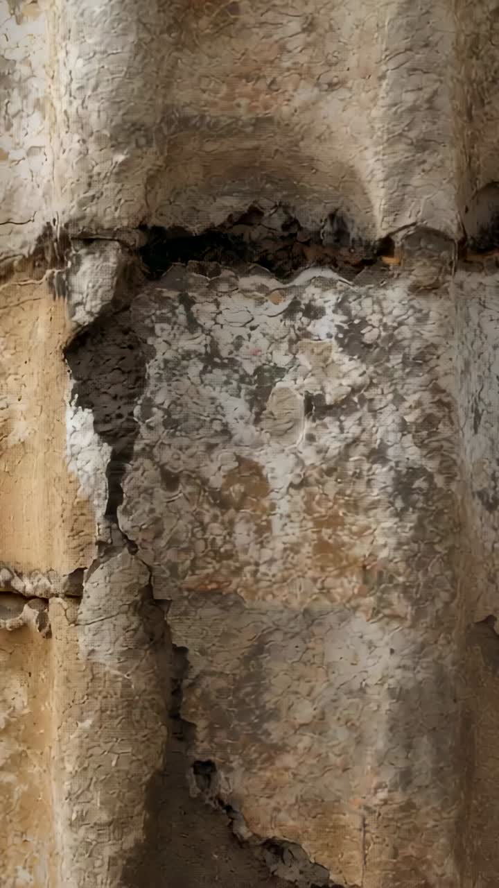Vertical video: Filming operator moving cam upward at stone wall, noting flaking plaster and mortar