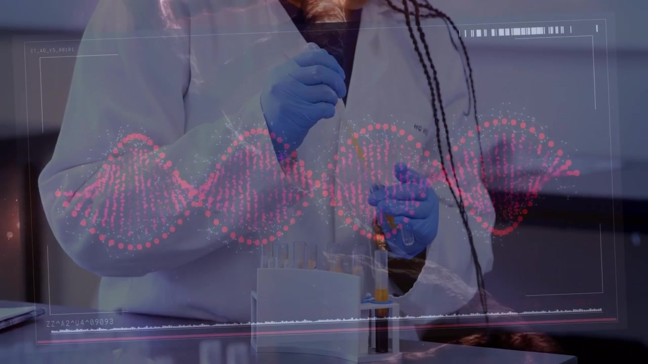 Animation of dna strand and data processing over african american female scientist