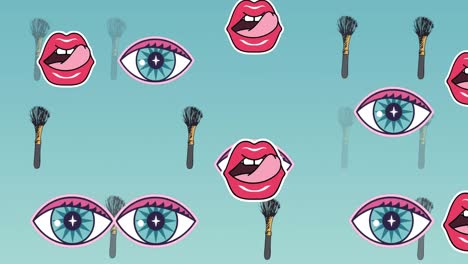 animación de pincel de polvo y iconos de labios sobre fondo azul