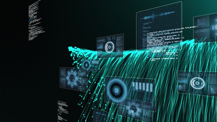 Анимация сканирующих элементов и обработки данных на темном фоне