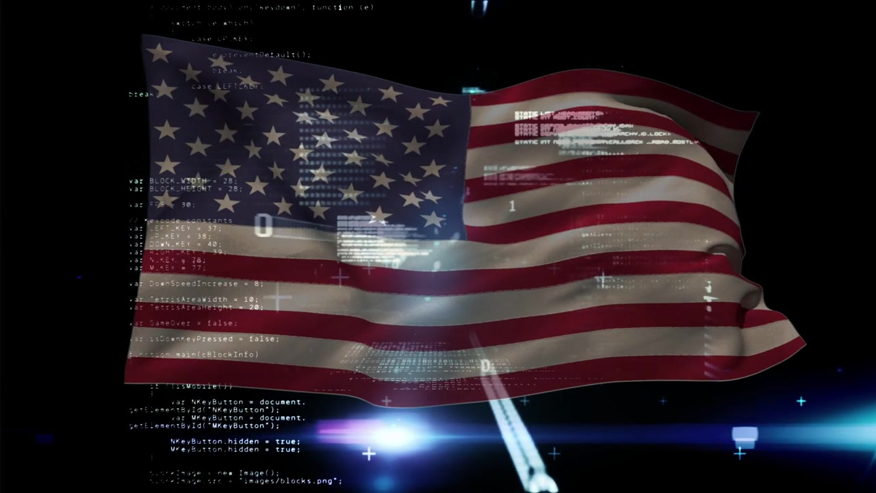Blue-purple flare pulsing, starting wind; American flag waving as code cascading, showing data flow