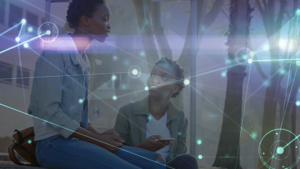 Animation of network of connections over business people at the airport