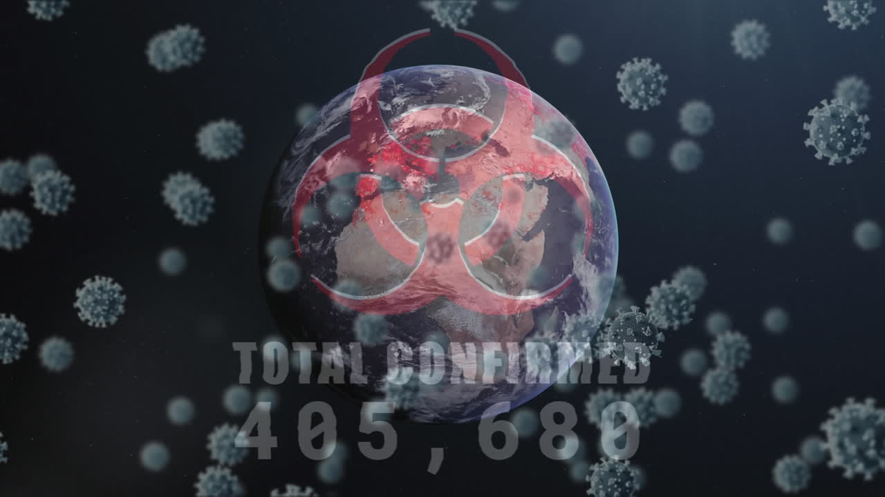 animación del signo de peligro rojo con el número total confirmado que se eleva sobre el giro del globo