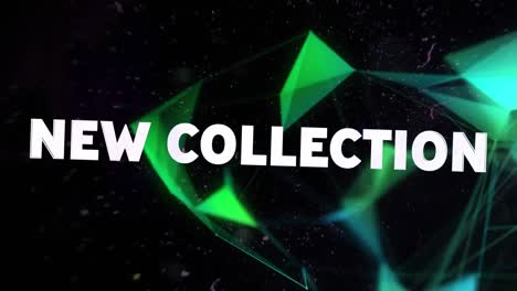 animación de una nueva colección en texto blanco distorsionando sobre formas verdes flotantes en negro