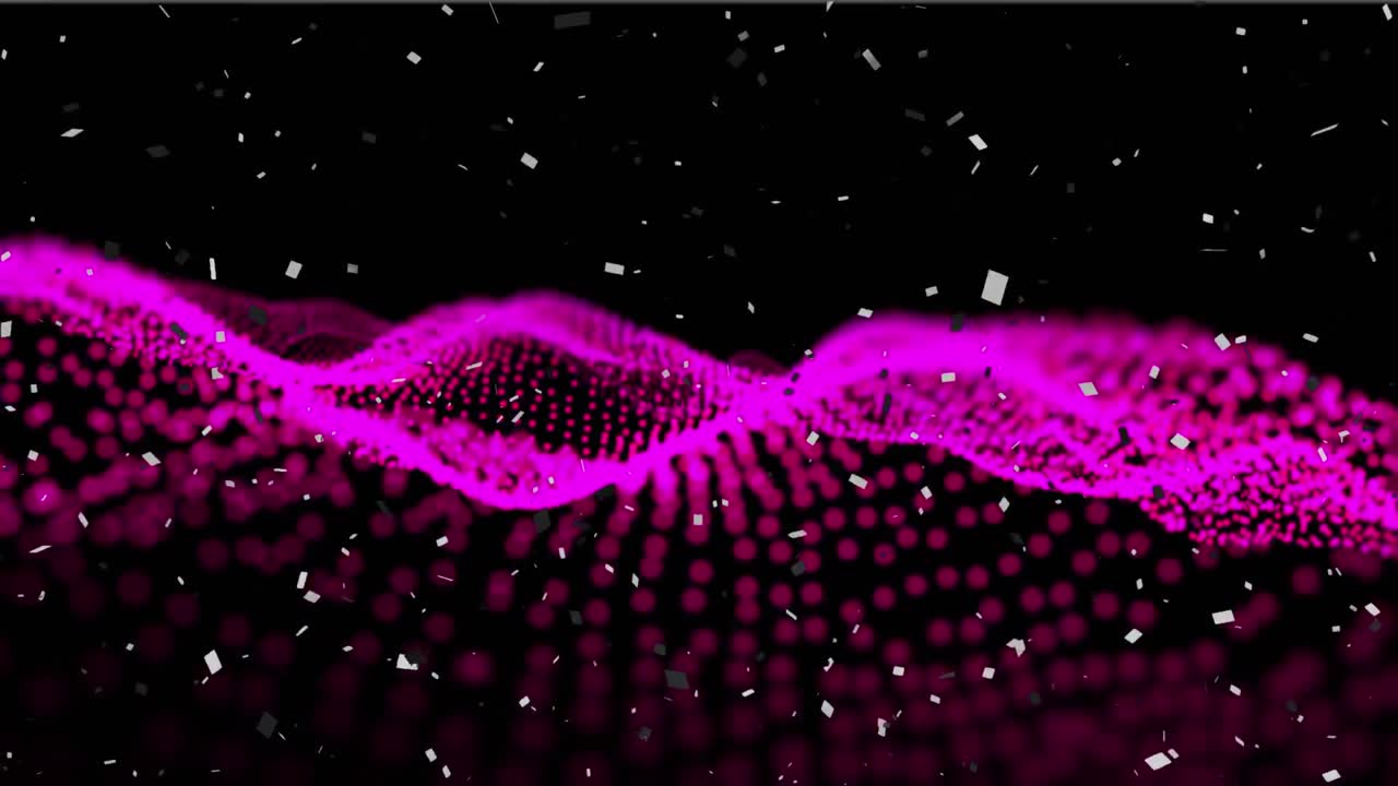 Animation of white confetti falling over undulating landscape of contoured pink dots