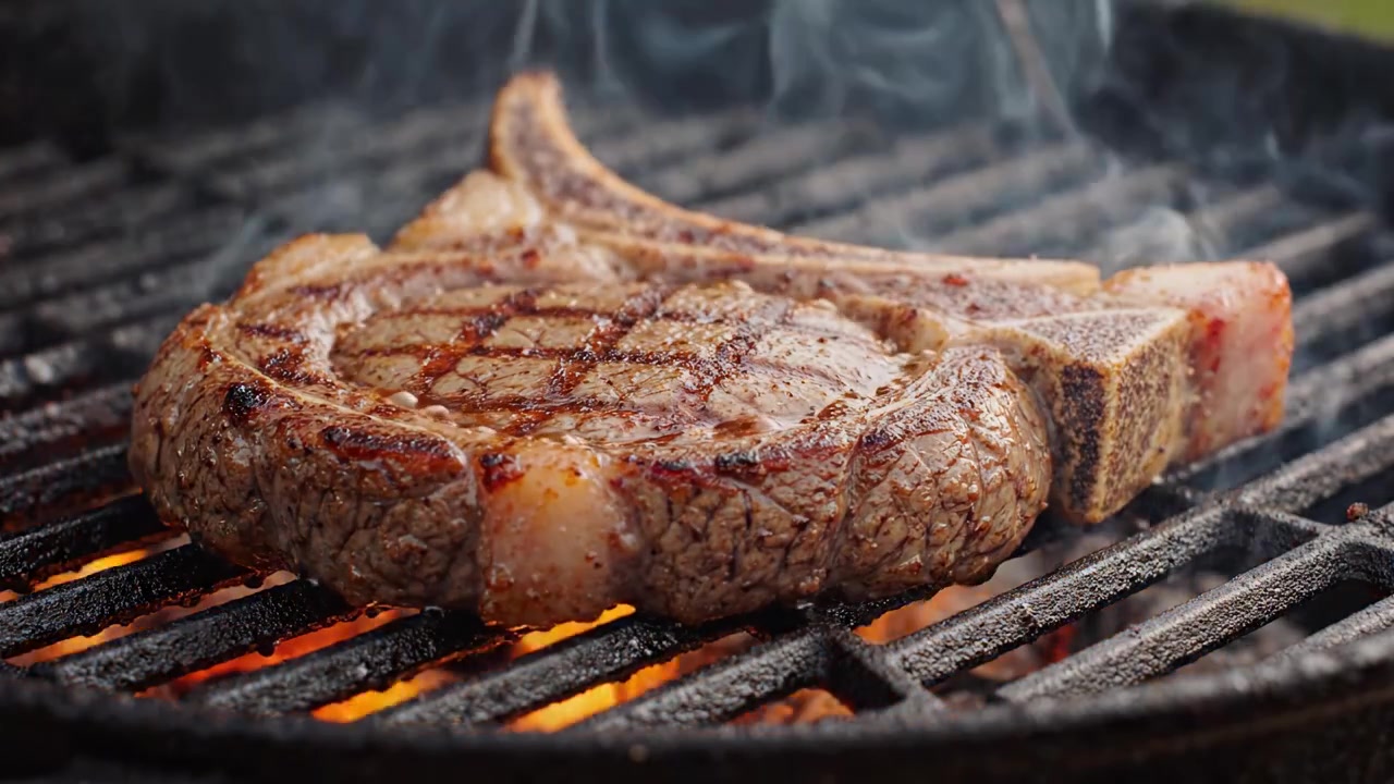 Sizzling Juicy Steak Grilling to Perfection, Capturing the Essence of Flavor as Flames Dance and Smoke Billows from the Charred Grill Marked Meat