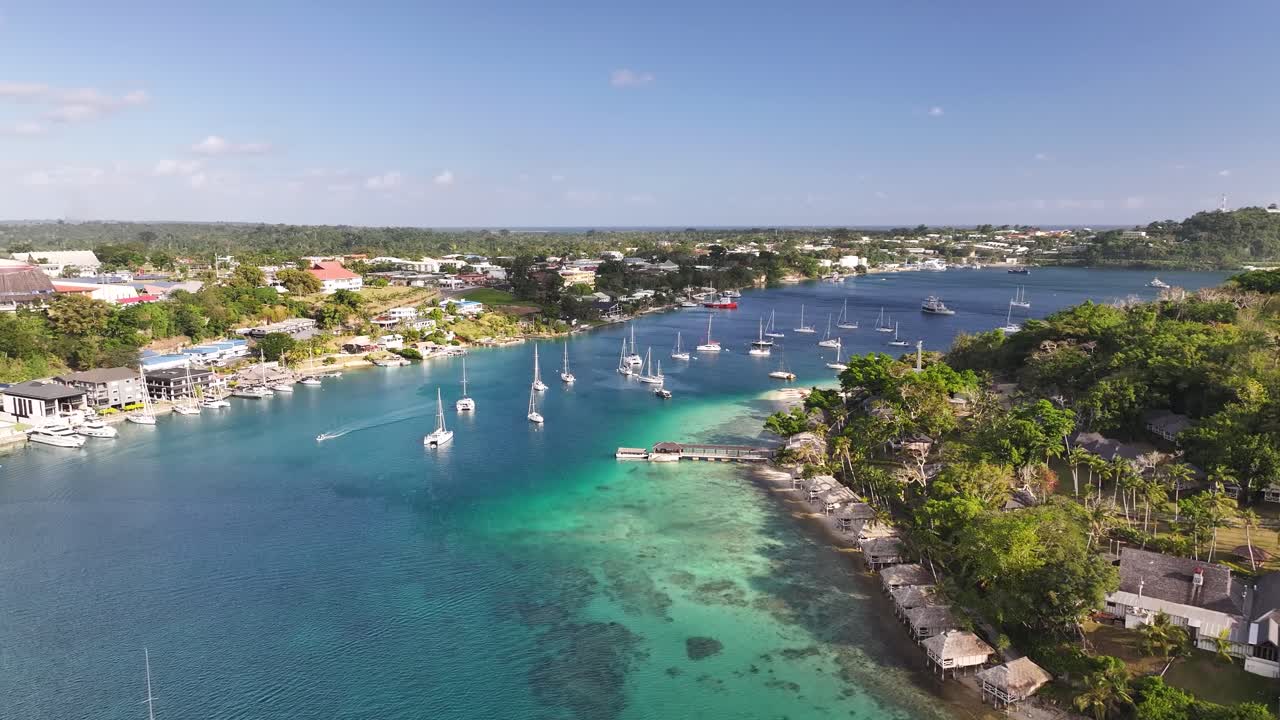 Yachts Moored In Tropical Seascape, Port Vila Harbour, Vanuatu - Aerial Drone Shot