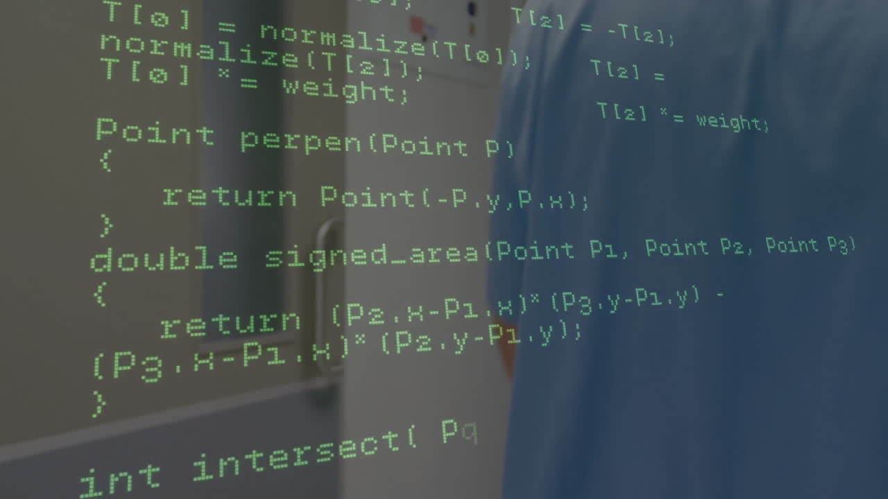 Male doctor reaching for door handle in hospital corridor, displaying green code overlay