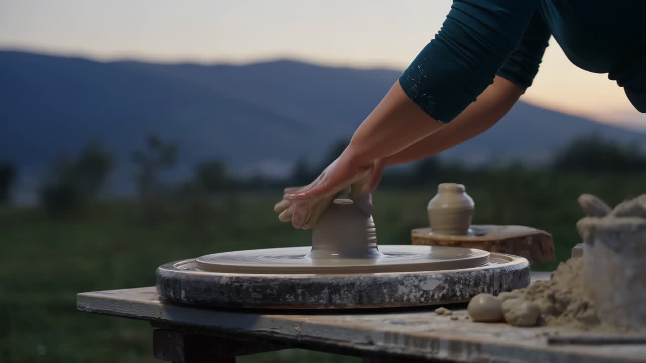 Hands Shaping Clay on a Potter's Wheel at Sunset