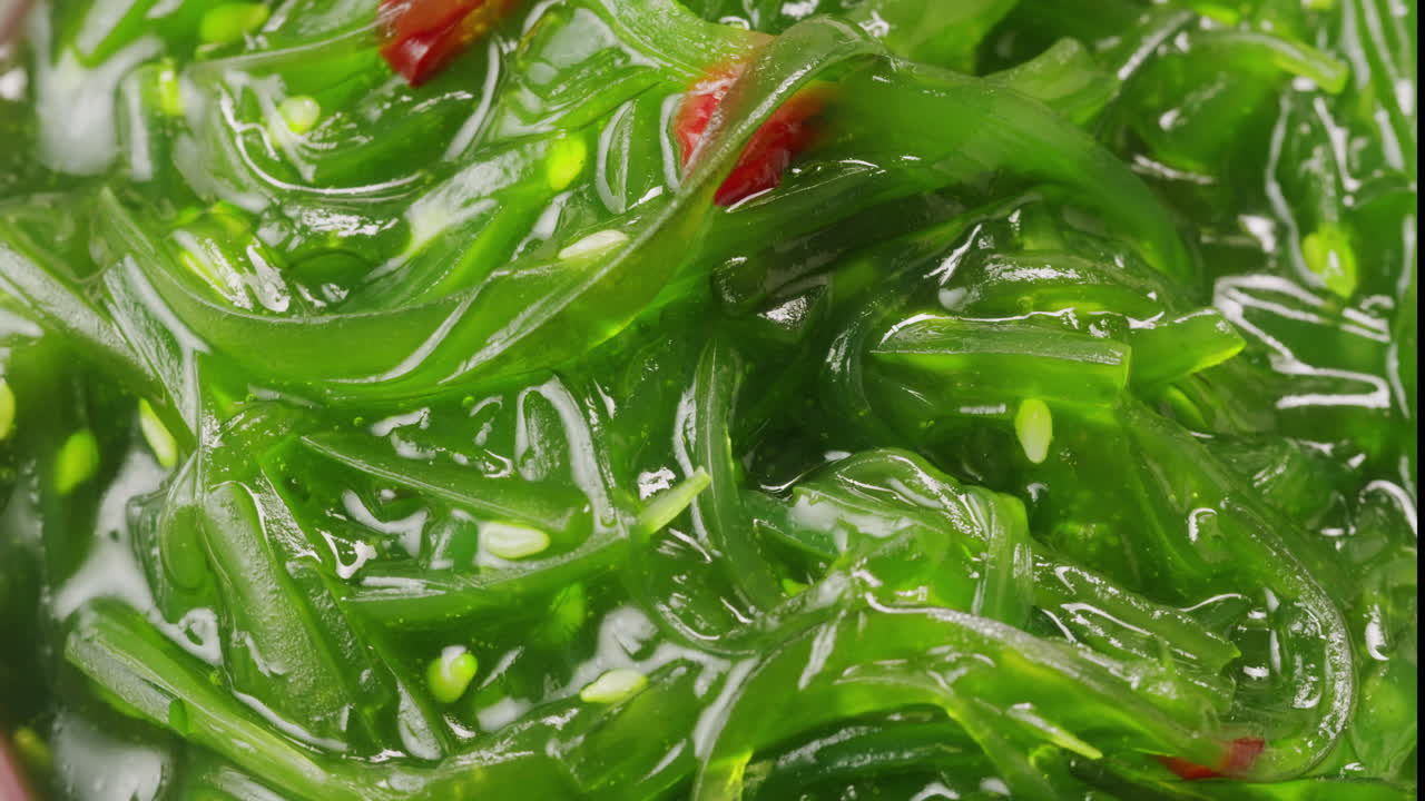 Japanese wakame chuka fermented food. Close-up on a detail of Hiyashi Wakame Chuka or seaweed salad or seaweed with sesame seeds on a plate. Top view. Seafood background. Health concept.