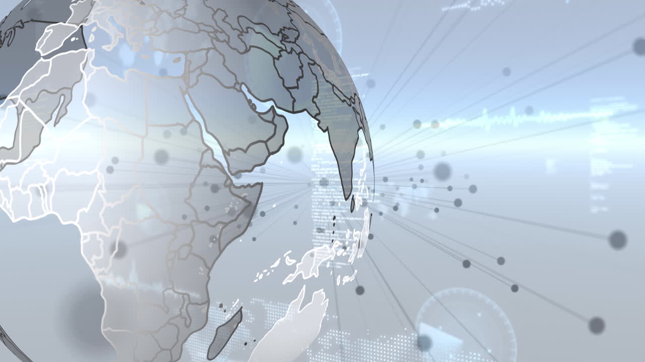 데이터 처리의 애니메이션, 회전하는 지구와 파란색 그라디언트 배경에 대한 연결 점